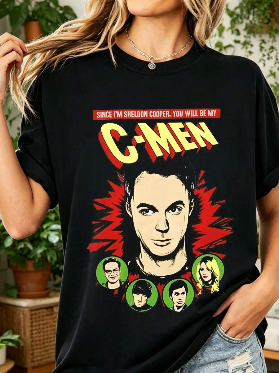 Sheldon Cooper C-Men T-shirt 100% bomull Komedi Pop Style Unisex - Svart - Visa 1