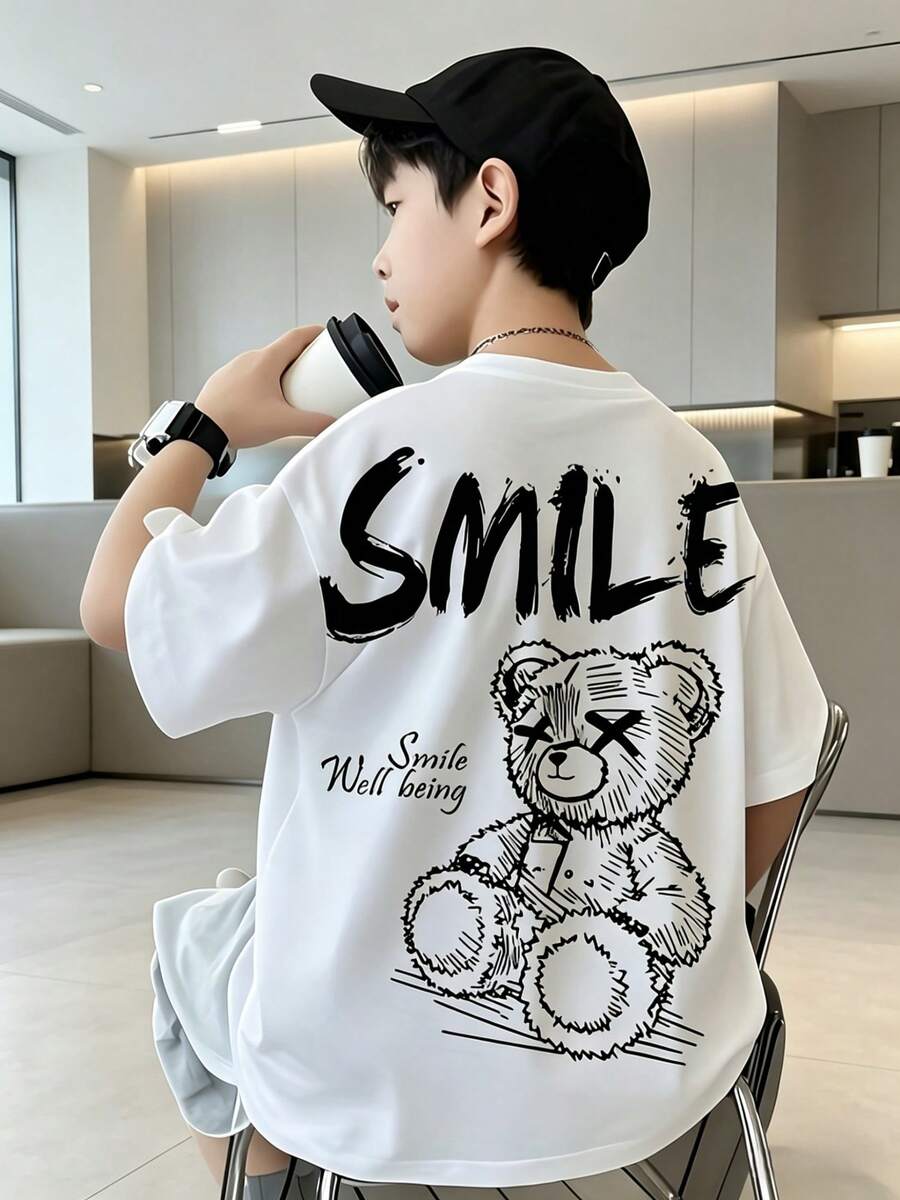 Camiseta corta estampado digital dibujos animados vivos, para verano, actividades al aire libre, viajes, acampadas, graduación y conjuntos pareja/familiar - Blanco - Ver 1