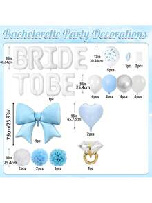 1 Set Blue Bachelorette Party Decoration, White Bride-To-Be Bridal Shower Decoration Bow Ring Heart-Shaped Balloons White Bow Print And Silver Sequin Balloons Tassel Curtain Paper Flower Balls Suitable For Bachelorette Party Wedding - Multicolor - View 7
