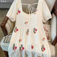 jianchaimaoyi02  LUNE CURVE Vestido de mujer talla grande de caliente con cuello cuadrado, elegante y fresco con estampado de cuadros y cerezas, - Verde - Ver 3