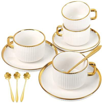Set Of 4 Gold Striped Ceramic Coffee Cups With Saucers & Sakura Spoons, 7oz/200ml Cappuccino Espresso Cups For Latte, Mocha & Tea