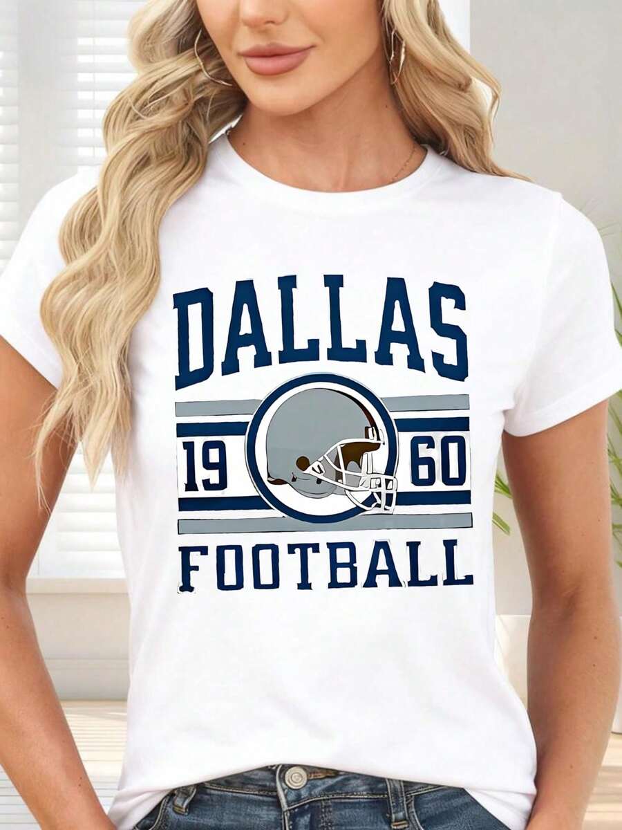 NEWCamia With 1960s Football Print And American Football Helmet For Sports Fans And Casual Occasions - Vintage Street Style Unisex Loose Cotton Short Sleeve Crew Neck T-Shirt - 白色 - 查看 1