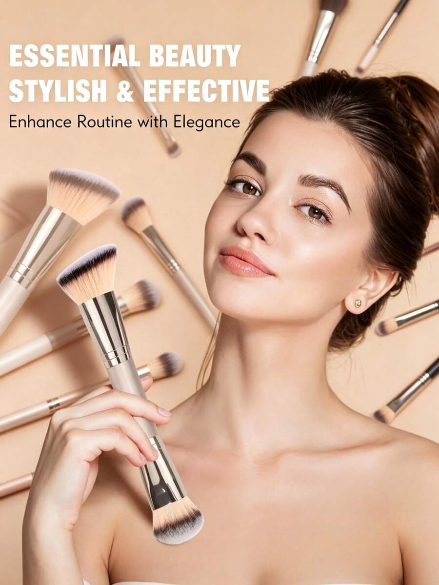 2-In-1 Dual-Ended Foundation And Powder Brush, Premium Soft Synthetic Bristles, Suitable For Seamless Application Of Liquid, Cream And Powder Products, Professional Makeup Tool, Create Perfect Contouring And Base Makeup - Multicolor - View 1