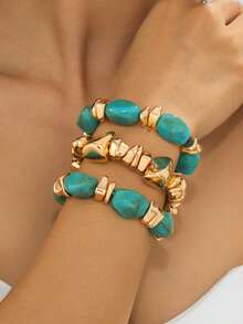 3pcs/Set Resin Bead Bracelet Set - Women's Stackable Gold Asymmetrical Stone Elastic Bracelet, Bohemian Style Stackable Jewelry Gift - Turquoise - View 3