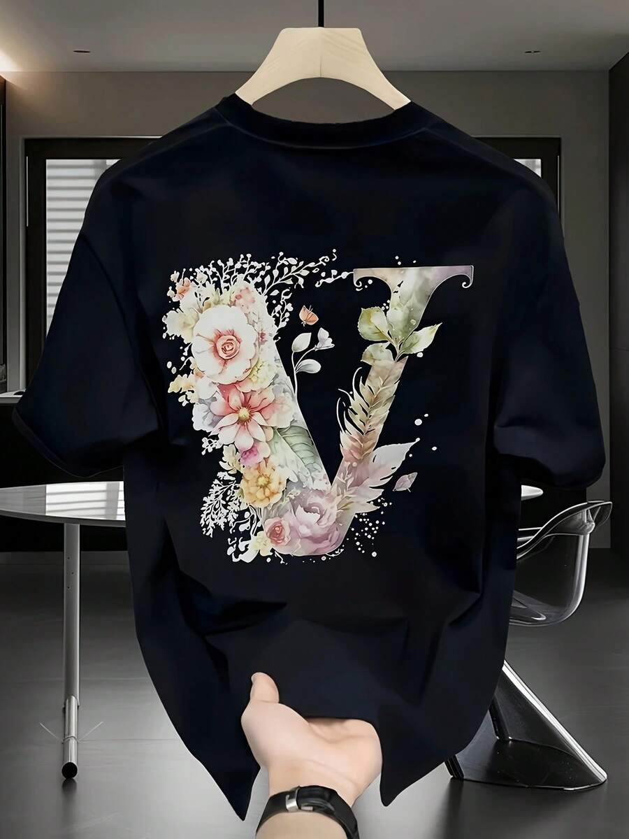 ¡Nueva ropa para hombre de talla 2026! Camiseta de hombre estampada en la espalda,% algodón de alta calidad - Camiseta de manga corta de corte holgado y casual de verano con estam - Negro - Ver 1