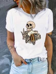 Camiseta holgada y cómoda con estampado de taza de cerveza de calavera de Halloween, ropa linda para el hogar, ropa deportiva, ropa para exteriores, camiseta para fiestas de trabajo, conjunt - Blanco - Ver 1