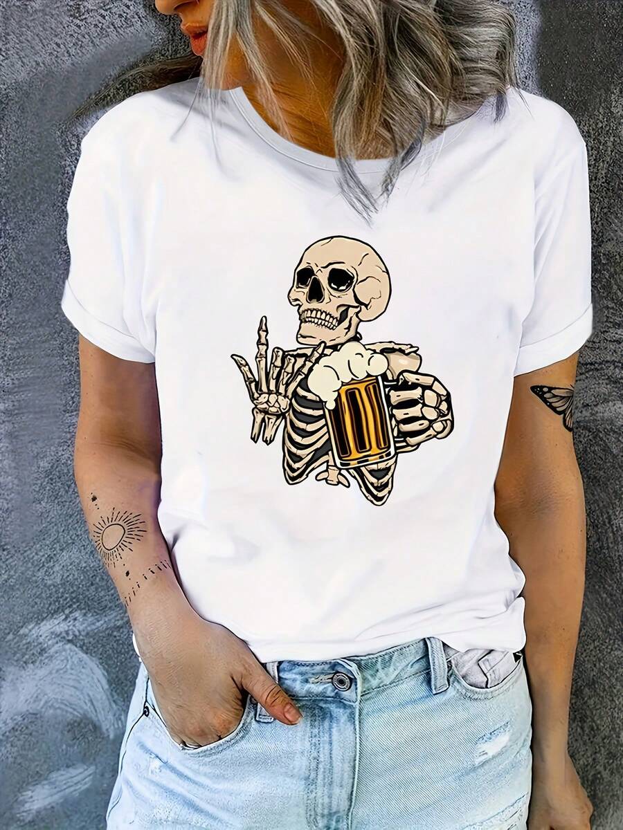Camiseta holgada y cómoda con estampado de taza de cerveza de calavera de Halloween, ropa linda para el hogar, ropa deportiva, ropa para exteriores, camiseta para fiestas de trabajo, conjunt - Blanco - Ver 1