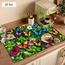 1pc Dish Drying Mat, Coffee Machine Mat, Colorful Butterfly Floral Print Durable Absorbent Drainage Mat, Suitable For Dining Table, Cafe And More, Multi-Purpose Water-Draining Mat, Home Gift, Tabletop Decor - XYLSD-472 - View 4