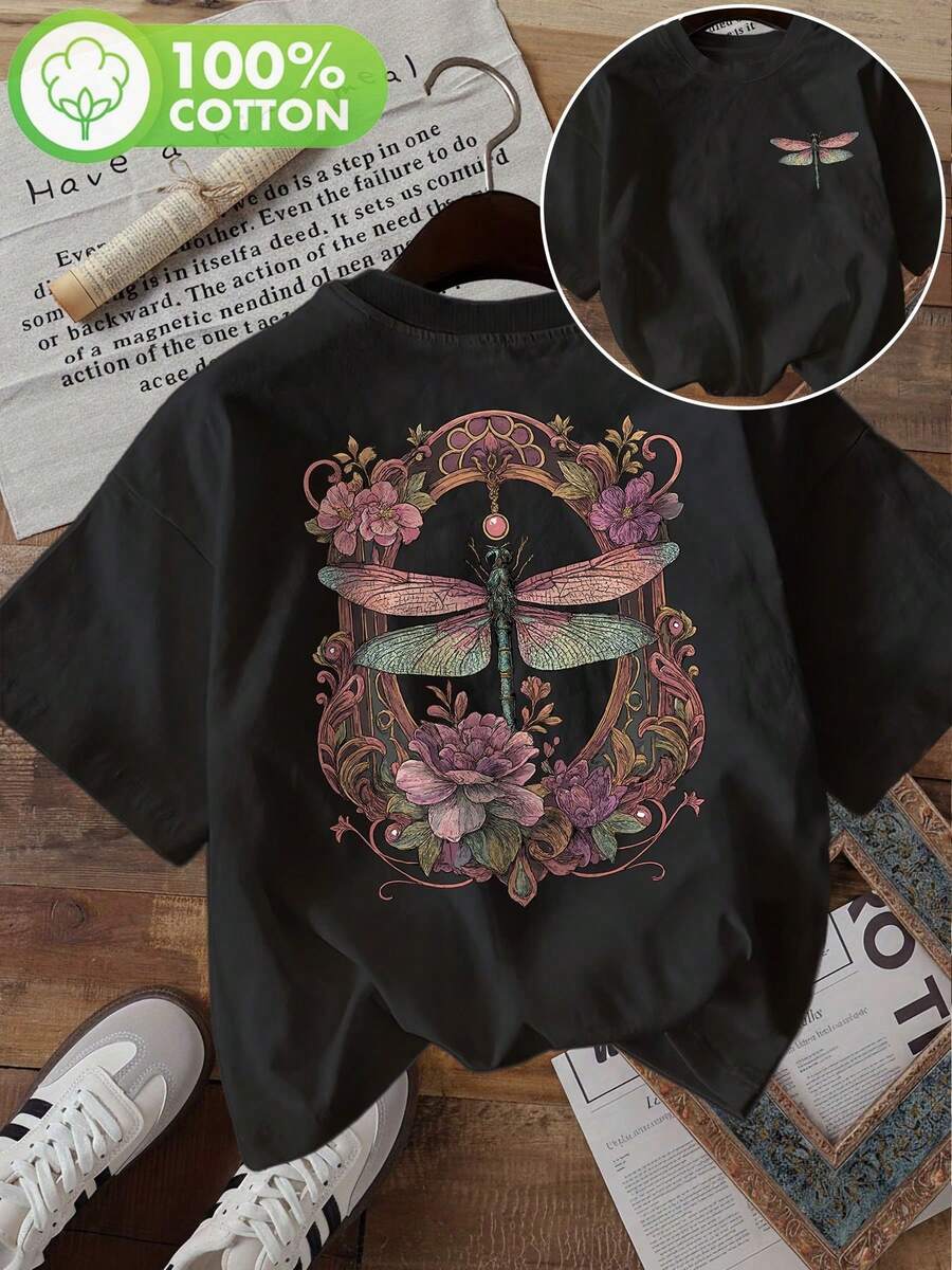 Minimalist, 100% Cotton, 1-Piece. Short-Sleeved T-Shirt With Floral And Dragonfly Print On Both Sides, Women's Casual Top For Spring And Summer. - 黑色 - 查看 1