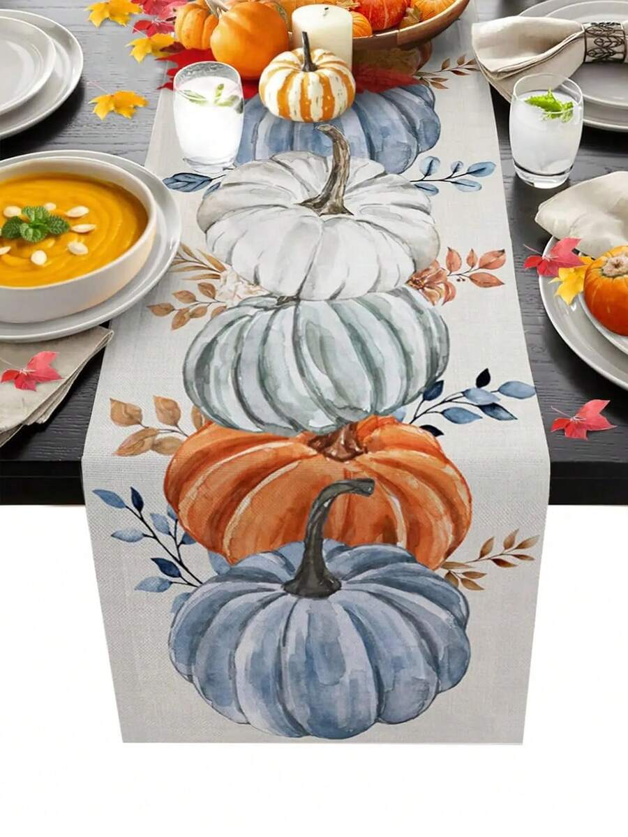 Fall Blue Orange Grey Pumpkins Table Runner Holiday Party Decor Reusable Kitchen Dining Table Runner For Farmhouse,Dresser Scarf,Dining Room,Wedding Party,Thanksgiving Decoraitons - Multicolor - View 1