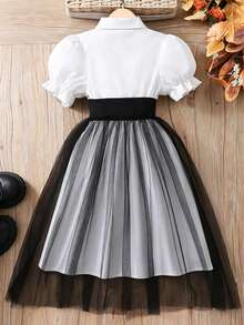 Tween Girl Solid Color Short Sleeve Collared Waist Band Mesh Splice Dress - Black - View 2