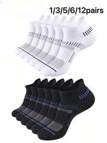 12 paires de chaussettes courtes pour hommes, printemps/été, rembourrées à la cheville, évacuation de l'humidité, ultra douces, respirantes, minimalistes, polyvalentes, mode sport, chaussettes courtes pour couple 1/3/5/6 paires - Noir et Blanc - Voir 8