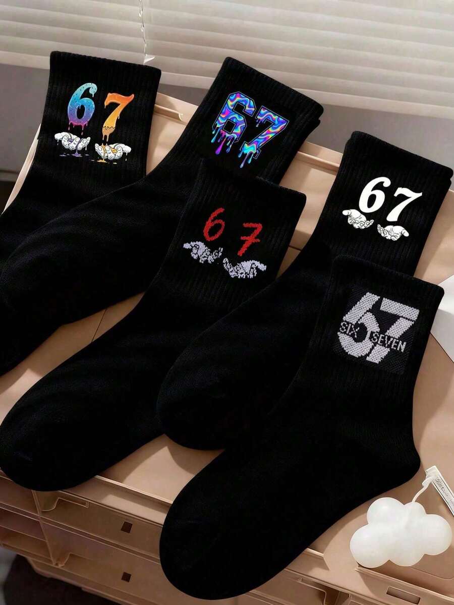 6双儿童黑色运动袜，67款趣味表情设计袜，6款7种手势图案趣味袜，适合儿童派对礼物，卡通中筒袜，学生户外运动袜，婴儿派对装饰礼物，夏季必备 - 彩色 - 查看 1