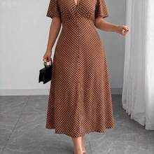 jianchaimaoyi02  Vestido de media manga con cuello en V, cintura con lazo, botones decorativos en el bajo y abertura, estilo elegante francés para uso casual - Café integral - Ver 1