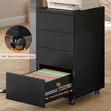 Mobile Filing Cabinet With 4 Drawers, Under Desk Filing Cabinet With Wheels, Office Cabinet For Home And Office, White/Black, 33 X 39 X 63.5 Cm - 黑色 - 查看 2