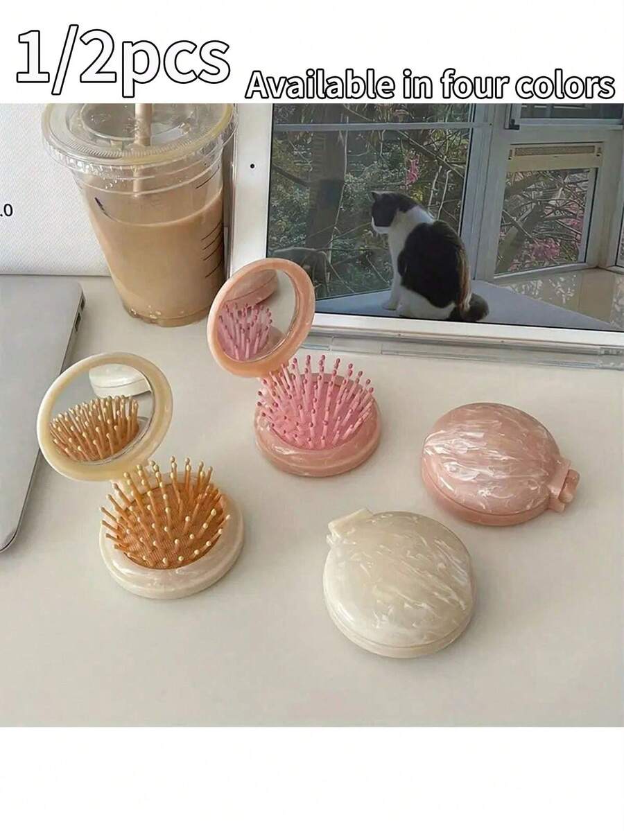 1/2件組-大理石紋按摩梳，附鏡子髮梳，輕量旅行梳，便攜式折疊，化妝刷，美妝包，適用於造型與按摩，ABS塑料材質，適合女性，外出必備，旅行配件。化妝包，學校用品，旅行必備，假期必備，髮梳，梳子，髮型造型工具，髮型造型產品與配件，美髮沙龍美容旅行必備。 - 彩色 - 查看 1