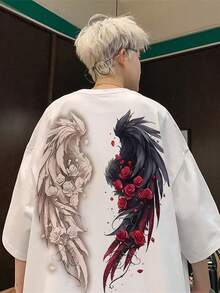 Leather Jacket With White And Black Wingback Print, Relaxed Fit For Casual Wear, Youthful Unisex Top With Intricate Rose And Wing Patterns, Durable Material, Breathable Fabric. OESF - White - View 1