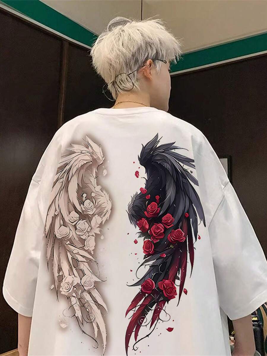 Leather Jacket With White And Black Wingback Print, Relaxed Fit For Casual Wear, Youthful Unisex Top With Intricate Rose And Wing Patterns, Durable Material, Breathable Fabric. OESF - White - View 1