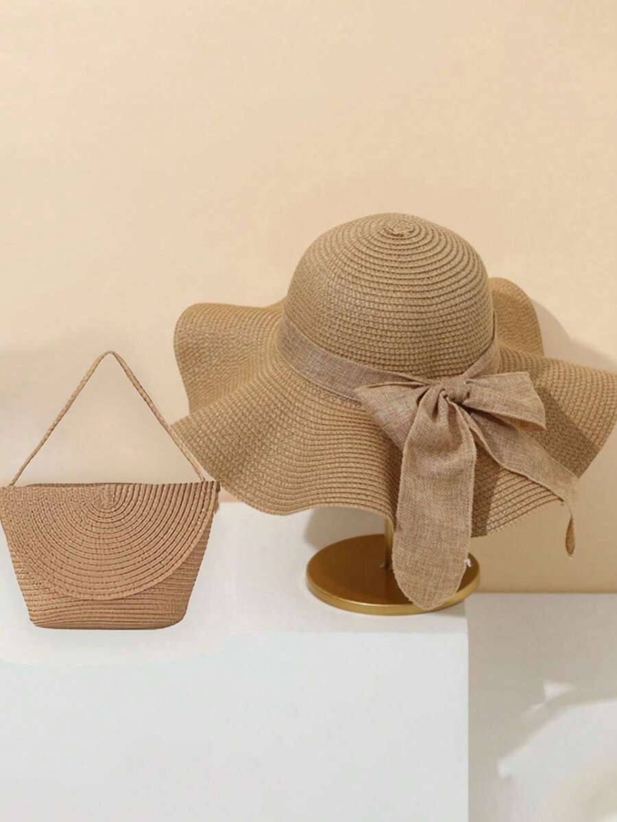 Women's Beach Hat, Khaki Wavy Pattern Beach Sun Hat With Woven Shoulder Bag, Perfect For Spring And Summer Beach Vacations And Outdoor Activities, Essential For Beach Holidays, Travel, Shopping And Vacations.