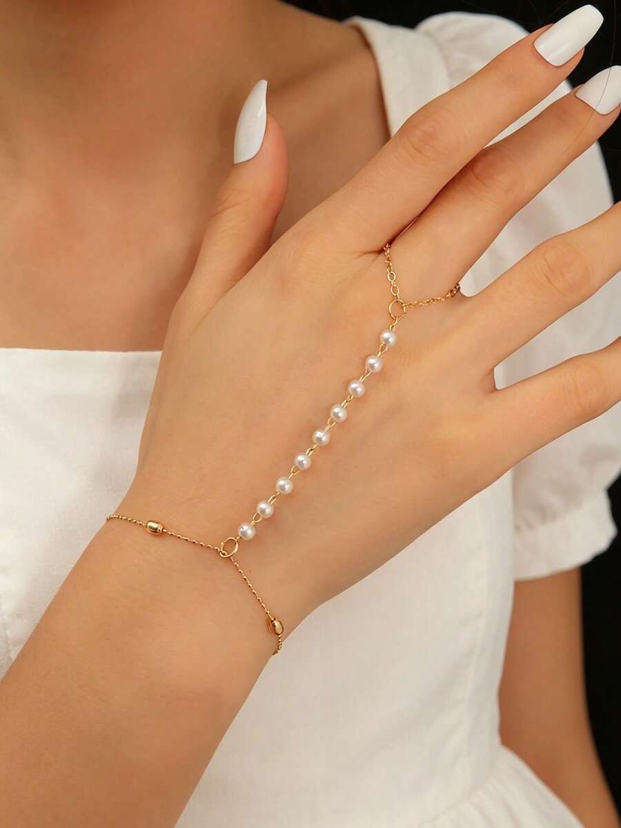 1pc Fashion Minimalist Faux Pearl Finger Chain, Teen Daily Party Accessory - Gold - View 1