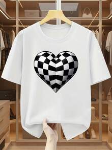 Camisetas de hombre de talla% algodón, con moderno diseño de corazones a cuadros en blanco y negro, cuello redondo y manga corta. Camiseta cómoda y casual para el verano. - Negro - Ver 10