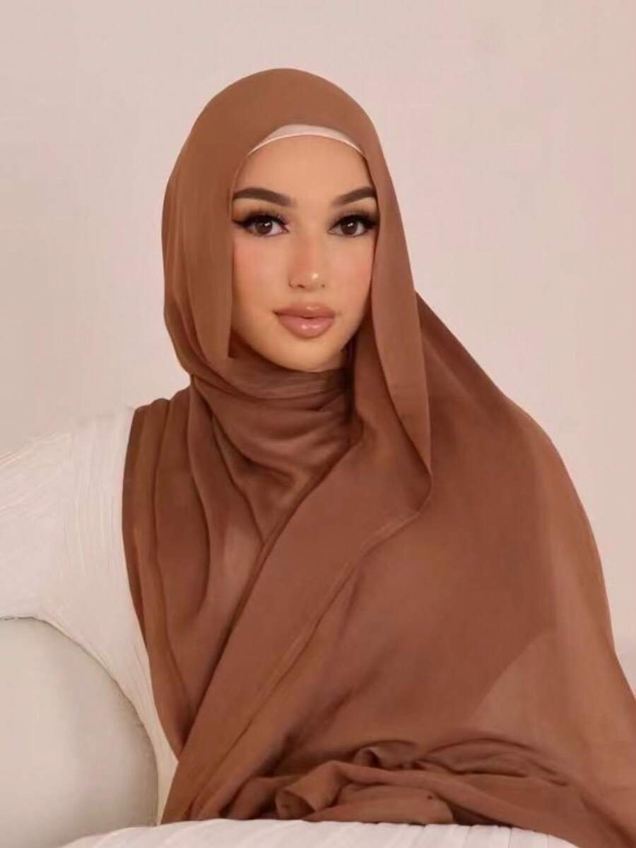 1pc Women's Exquisite Stitched Solid Color Breathable Soft Long Muslim Modal Hijab - Multicolor - View 1