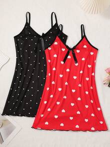 2pcs/Set Sexy V-Neck Spaghetti Strap Nightgown For Women, Spring/Summer New Short Loungewear Dress, Soft Comfortable Fabric Non-Irritating - Multicolor - View 1