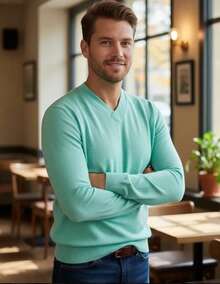 Men's Cold Weather Blouse | Men's Knitted Sweater | Winter Knitted Wool Pullover Long Sleeve V-Neck - 青綠色 - 查看 3