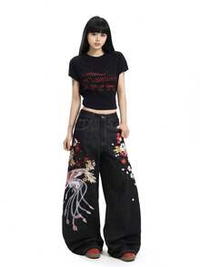 女款美式復古刺繡寬腿牛仔褲,寬鬆街頭風休閒四季日常長褲 - 黑色 - 查看 9