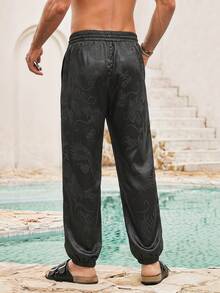 Mercer Haus Calça Lanterna Vintage com Padrão de Dragão Dobby para Homens, Calça Jogger de Perna Larga com Estampa de Dragão Chinês Suave Semelhante a Cetim, Calça Chinesa de Cintura com Cordão para Tai Chi Kung Fu, Calça Casual de Praia e Yoga para Primavera/Outono - Preto - Visão 3