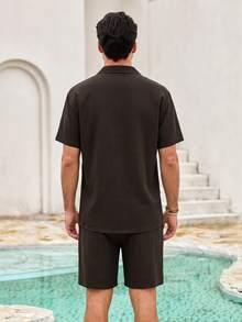 Mercer Haus Men's Casual Solid Color Simple Khaki Shirt & Drawstring Shorts Set, Summer , Suitable For Summer Tropical Holiday Vacation In Hawaii. - Coffee Brown - View 2