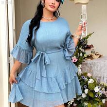 jianchaimaoyi02 FleurLily Vestido corto elegante y casual de oficina con cuello redondo, volantes en la cintura y cinturón, talla grande - Azul - Ver 8