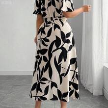 jianchaimaoyi02  Vestido de media manga con cuello en V, cintura con lazo, botones decorativos en el bajo y abertura, estilo elegante francés para uso casual - Óxido marrón - Ver 3