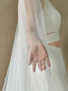 1pc Bridal Veil With Faux Pearls, Suitable For Wedding, Photography Props, Registry Offices Headpiece With Hair Comb - Beige - View 3