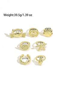 7PCS Ocean Rings, Gold Crab, Starfish, Shell, Conch Shaped Rings, Beach Vacation Style Stackable Ring Set For Women - Gold - View 7