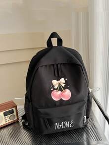 1 pieza Mochila personalizada de gran capacidad para volver a la escuela, versátil con estampado de lazo lindo & cereza, cierre de cremallera, material de nylon, correas de hombro ajustables, portátil a mano, adecuada para la escuela, el transporte, las compras, los viajes al aire libre. Regalo de cumpleaños. - Multicolor - Ver 13