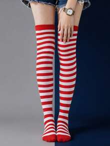 A Pair Of Ladies' Over-The-Knee Socks In Red And White Striped Design, Suitable For Parties And Vacations, Providing Warmth, Comfort. - Multicolor - View 4
