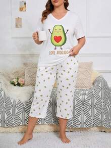 Damen-Pyjama-Set in großen Größen, süßes Avocado-Herz-Muster Loungewear-Set, Kurzarm-Top + Hose 2 Stücke Set - Weiss - Übersicht 4