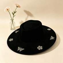 Elegant  Felt Hat With Sparkly Rhinestone Butterfly  Flower Details For Daily  Vacation Outfits - negro - Ver 3