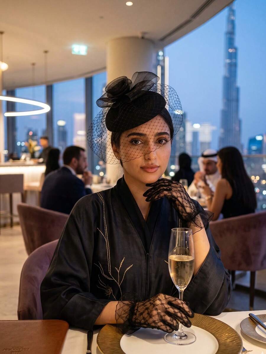 1顶女士时尚网纱花朵装饰优雅帽子和1副全指手套，适合派对、万圣节、情人节装饰，情人节礼物 - 黑色 - 查看 1