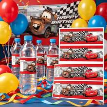 Racing Car Birthday Water Bottle Stickers, Red Racing Car & Checkered Flag Design Waterproof Stickers, Suitable For Boys' Birthday Party, Racing Theme Event & Party Favors - Multicolor - View 1