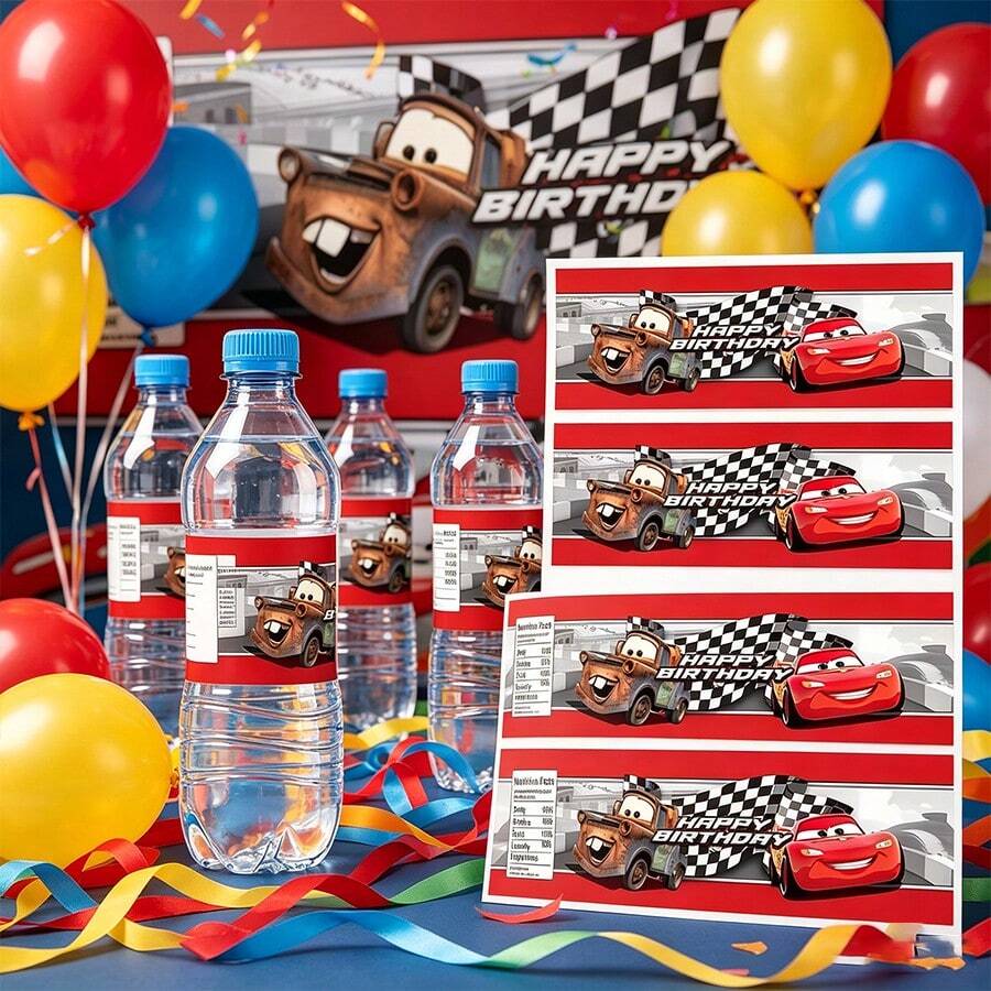 Racing Car Birthday Water Bottle Stickers, Red Racing Car & Checkered Flag Design Waterproof Stickers, Suitable For Boys' Birthday Party, Racing Theme Event & Party Favors - Multicolor - View 1