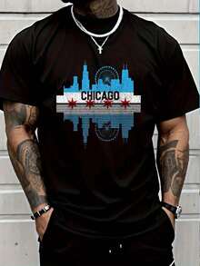 Camiseta 100% Algodón Vintage con Bandera de Chicago, Illinois, para Hombre y Mujer, Camiseta Gráfica de Moda, Tops Casuales - Negro - Ver 1