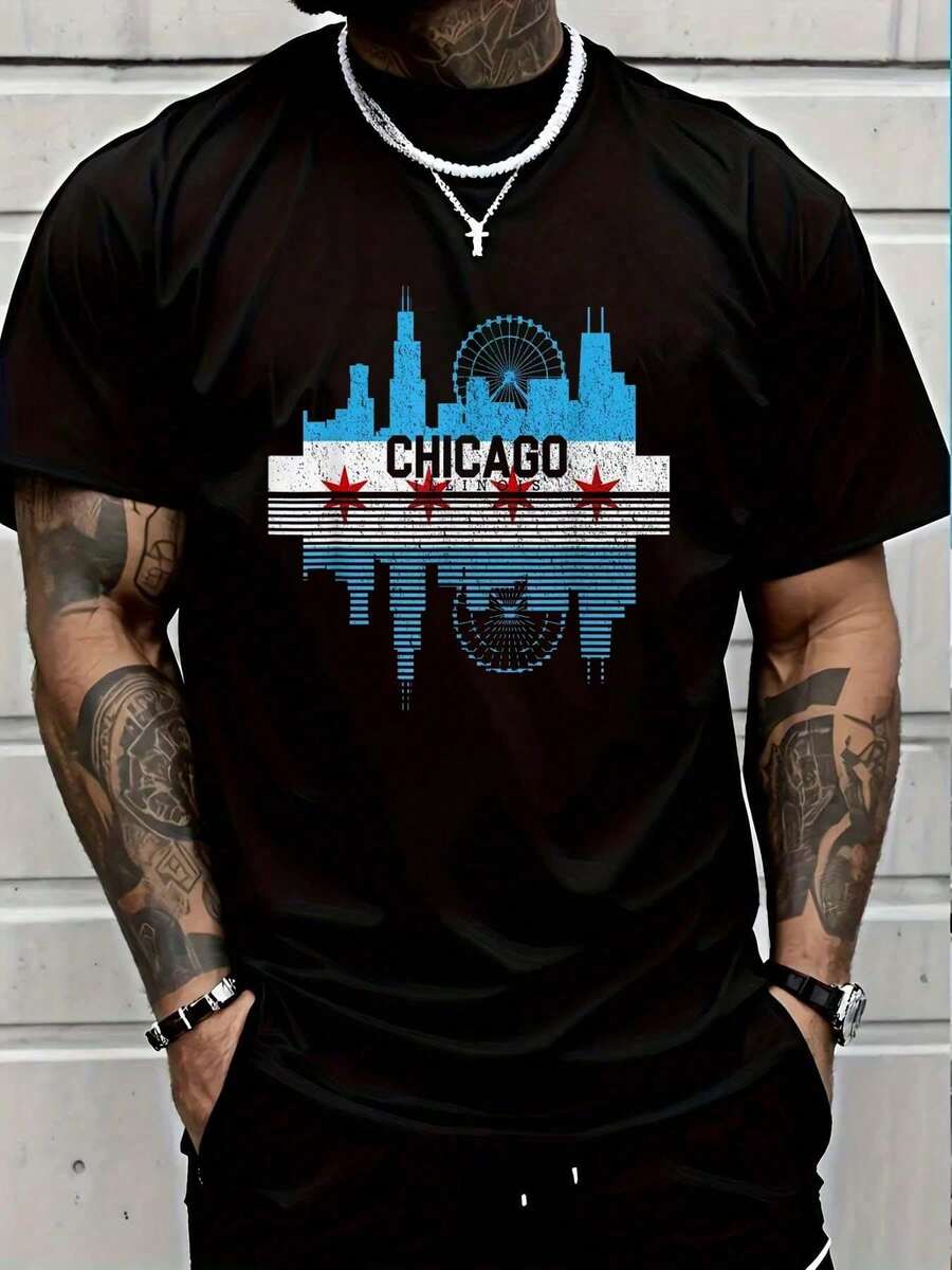 Camiseta 100% Algodón Vintage con Bandera de Chicago, Illinois, para Hombre y Mujer, Camiseta Gráfica de Moda, Tops Casuales - Negro - Ver 1