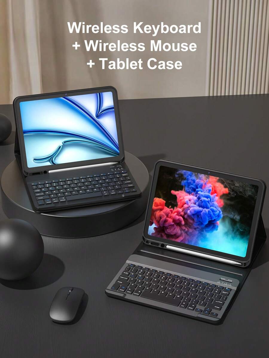 Wireless Keyboard Mouse Set For IPad A16 11th/10th, 9th/8th/7th 10.2", Air 10.9", 11", Pro 11", With PU Leather Tablet Protective Case, Detachable Wireless Keyboard (150mAh Battery) And Case With Pen Slot, Black