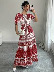 New 2026 Model: Floral A-Line Dress With Short Sleeves And Boat Neck, Elegant For Summer - Pearl White - 查看 5