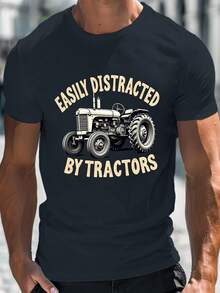 Camiseta de manga corta con cuello redondo para hombre, estilo casual, con estampado de tractor vintage, talla, para verano. - Blanco - Ver 3