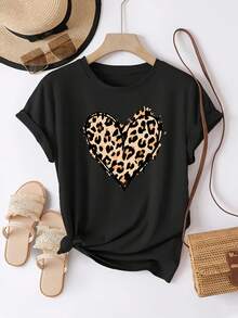 Women'S Casual Crew Neck T-Shirt With Leopard Print Heart Design, Short Sleeve Fabric Tee, Slight Stretch Pullover Top For All Seasons - H Fit, Retro Loose-Fit T-Shirt - 白色 - 查看 6