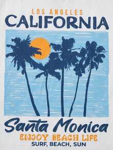 2pcs/Set Boys' Casual Vacation Style Palm Tree & Sunset California Santa Monica Letter Print Round Neck Short Sleeve T-Shirt And Tropical Plant All-Over Print Shorts Set, Comfortable Loose Fit, Spring/Summer - Blue - View 3