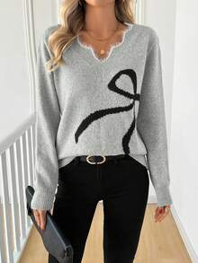 PlusSizeWomenBowJacquardFrayedVNeckSweaterOversizedLooseKnitPulloverFallWinterDailyCasual2026 - Light Grey - View 3